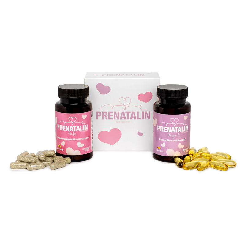 Prenatal supplement set with multivitamins and omega-3, supporting maternal health and the healthy development of the fetus and breastfed infants